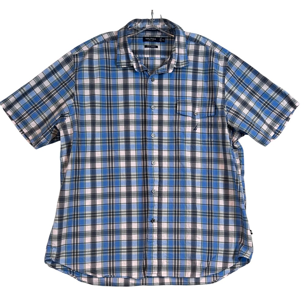 Nautica Mens XXL Blue Plaid Short Sleeve Button Down Shirt A Bit‎ Trimmer Cotton